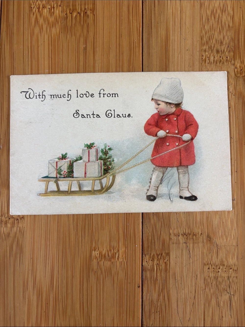 Gibson Antique Christmas Postcard with Red-Coated Child and Gold Sled